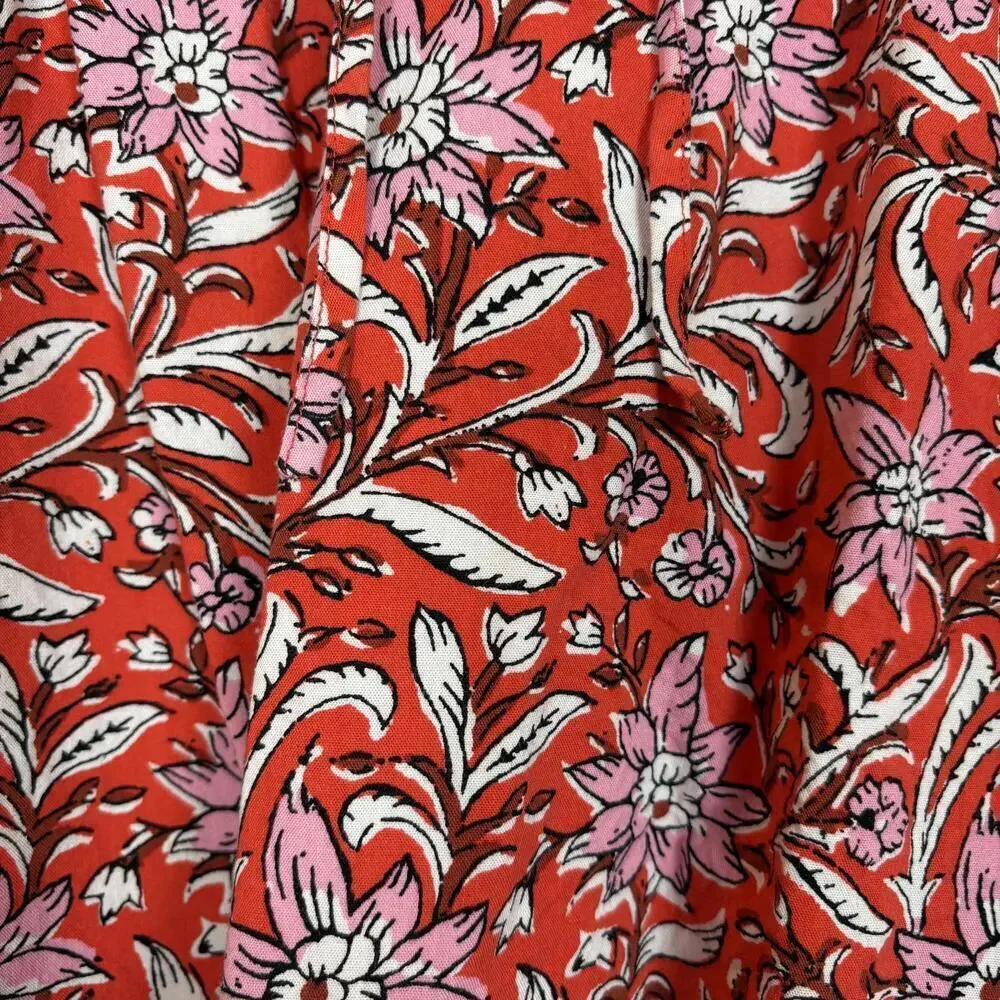 LOFT Size: XS Red Floral Spring Bloom Tie Neck Puff Sleeve Tunic Top